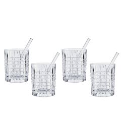 Набор стаканов Square "TASTES GOOD" 4 стакана для виски, 4 стеклянные соломинки,  Nachtmann