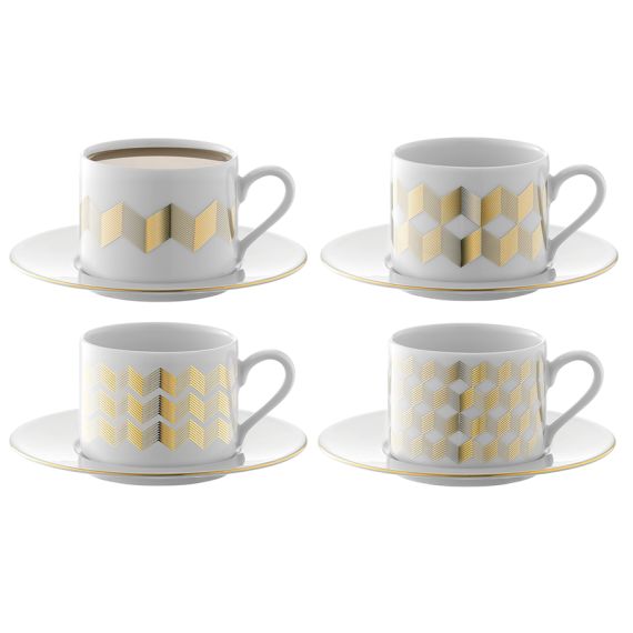 Набор из 4 чашек для чая с блюдцами Signature Chevron 250 мл, золото, LSA International