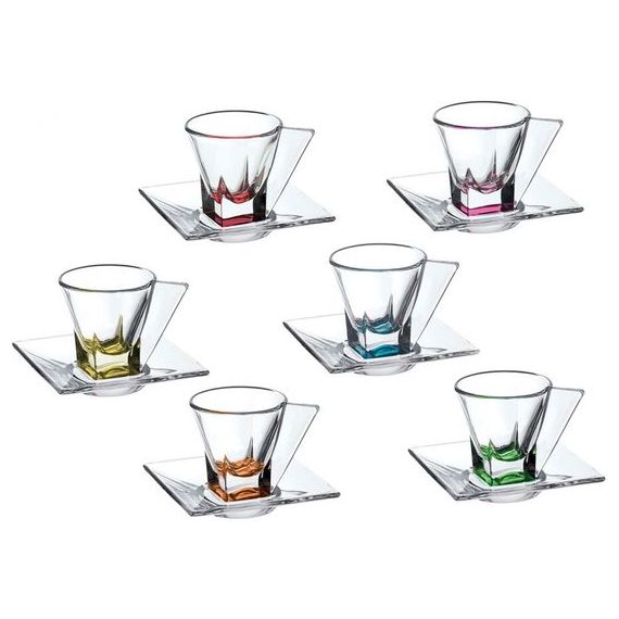 Набор из 6-ти кофейных пар для эспрессо RCR Fusion Color 12 предметов: 6 чашек 70 мл и 6 блюдец, хрустальное стекло, Италия