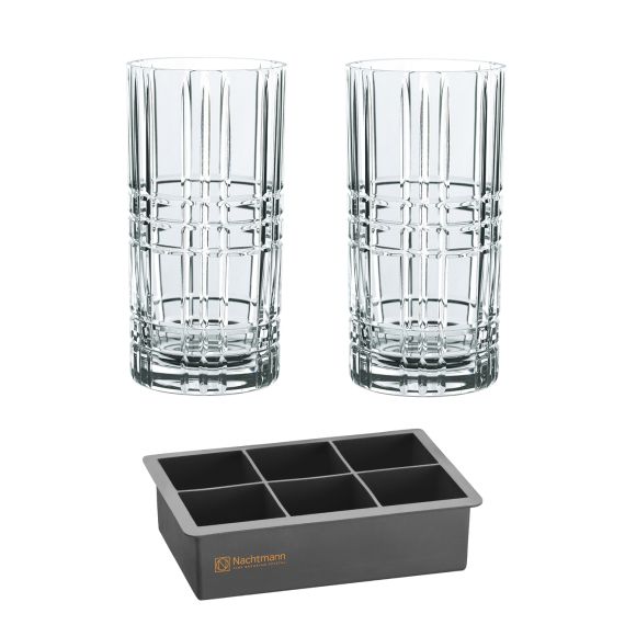Набор стаканов для виски: 2 стакана (445 мл) и форма для льда (119 x 82 мм, 6 кубиков), хрустальное стекло, Square, Nachtmann