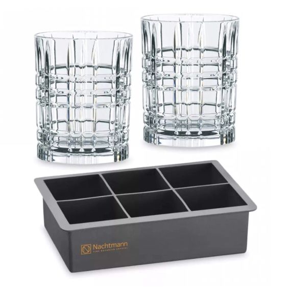 Набор стаканов для виски: 2 низких стакана (345 мл) и форма для льда (119 x 82 мм, 6 кубиков), хрустальное стекло, Square Ice Cube, Nachtmann