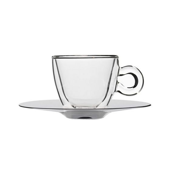 Кофейная пара: чашка с двойными стенками 65 мл + металлическое блюдце, серия Thermic Glass, Luigi Bormioli