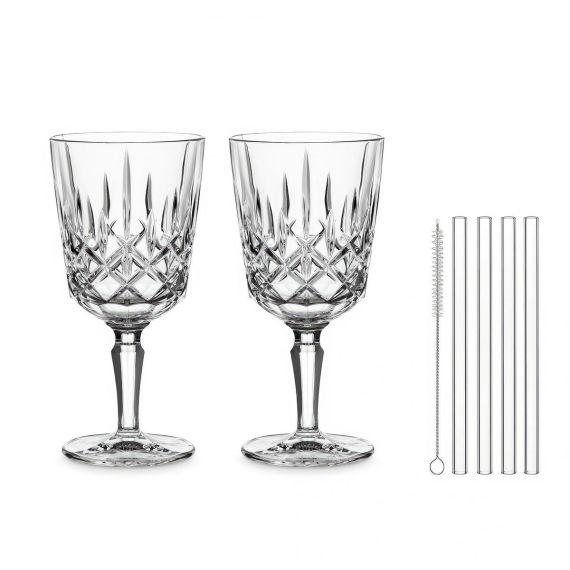 Набор бокалов для вина Noblesse, 2 бокала 355 мл, 4 стеклянные соломинки, 1 щетка для чистки, хрустальное стекло, Nachtmann