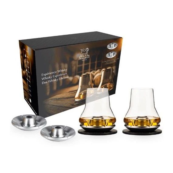Набор из 2-х бокалов для дегустации виски DUO с охлаждающей деталью и кожаной подставкой, 290 мл, с 2-мя дополнительными охлождающими деталями, 200954, PEUGEOT VIN, Франция
